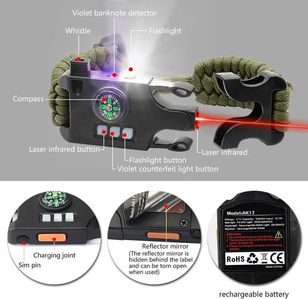 Bracelet de Survie Tactique Multifonctionnel avec Kit d'Urgence