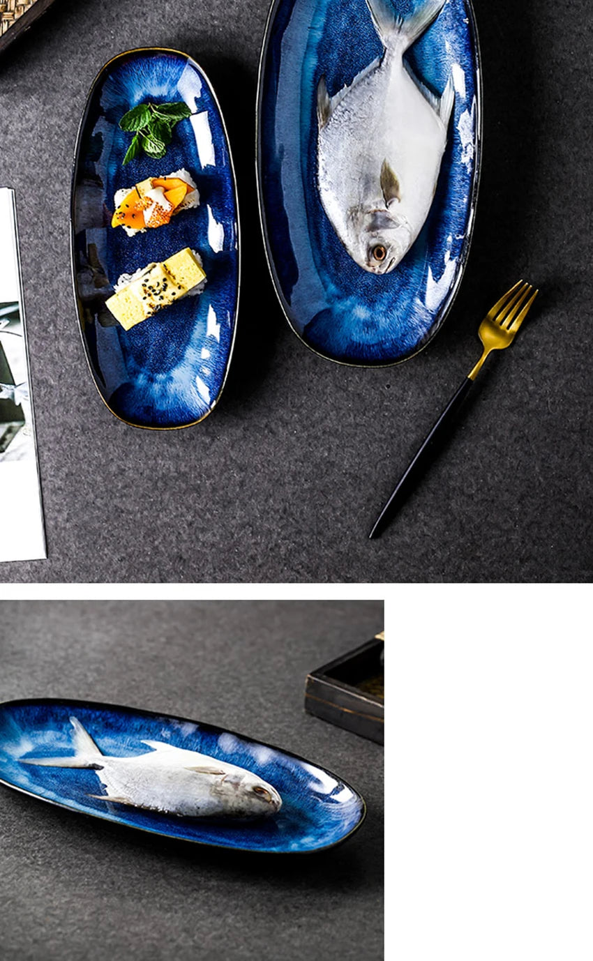 Japanese Style Kiln Cat Tye Blue Fish Plate Serving Platter Household Steamed Oval Dinner Plates Large Glaze Color Sushi Plate