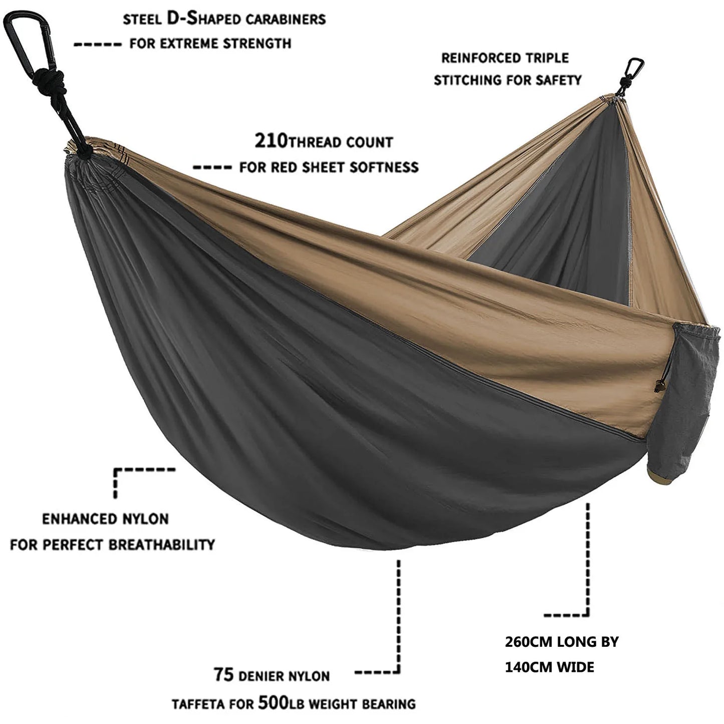 Hamac de Parachute Solide avec Sangles et Mousquetons Noirs - Camping, Voyage, Survie, Mobilier Extérieur pour Deux Personnes