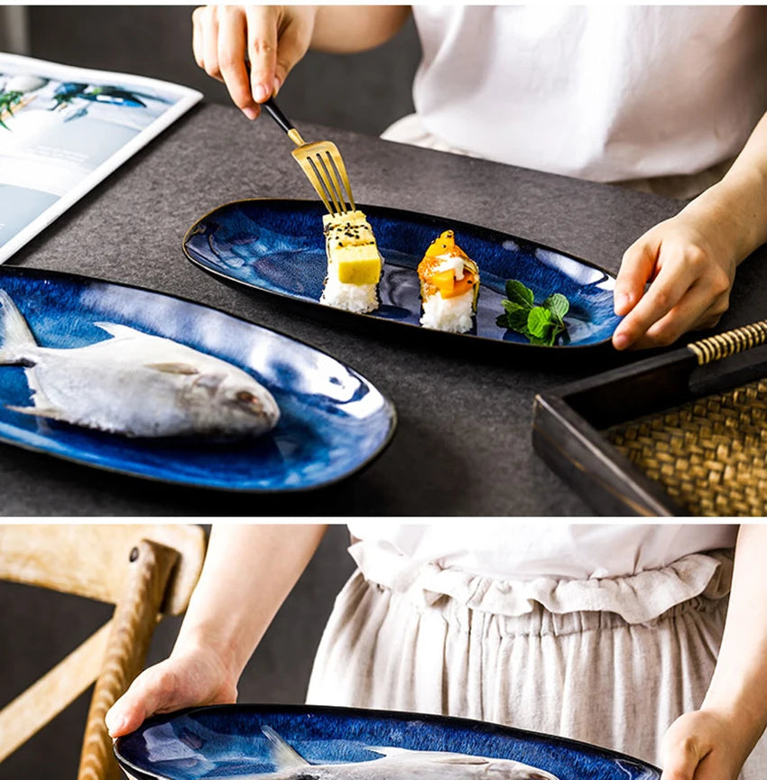 Japanese Style Kiln Cat Tye Blue Fish Plate Serving Platter Household Steamed Oval Dinner Plates Large Glaze Color Sushi Plate