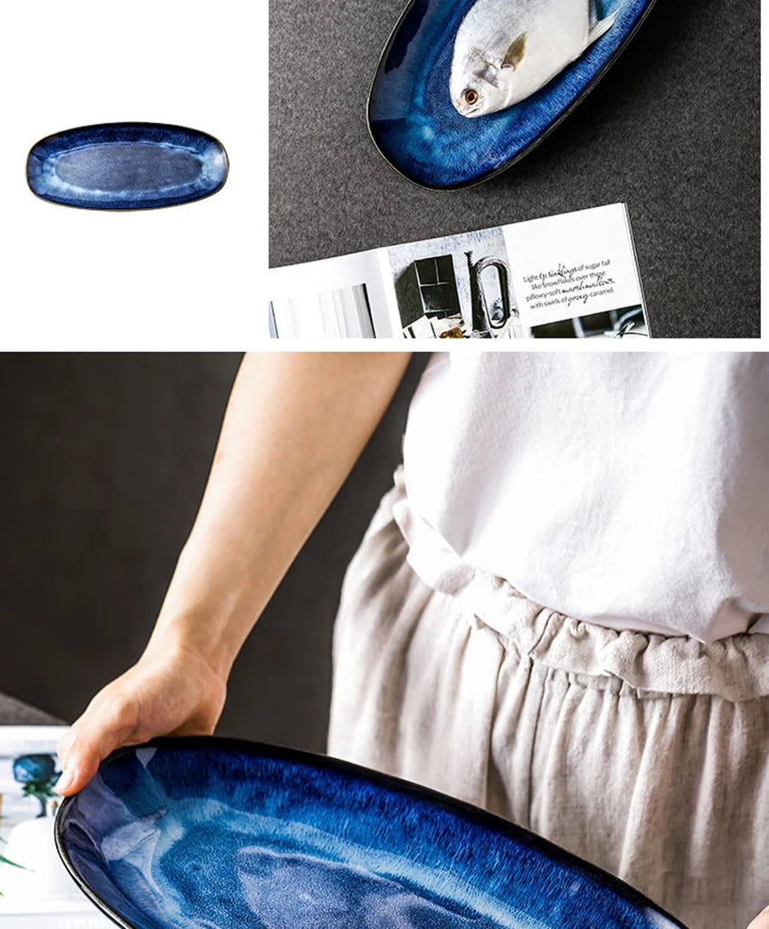 Japanese Style Kiln Cat Tye Blue Fish Plate Serving Platter Household Steamed Oval Dinner Plates Large Glaze Color Sushi Plate