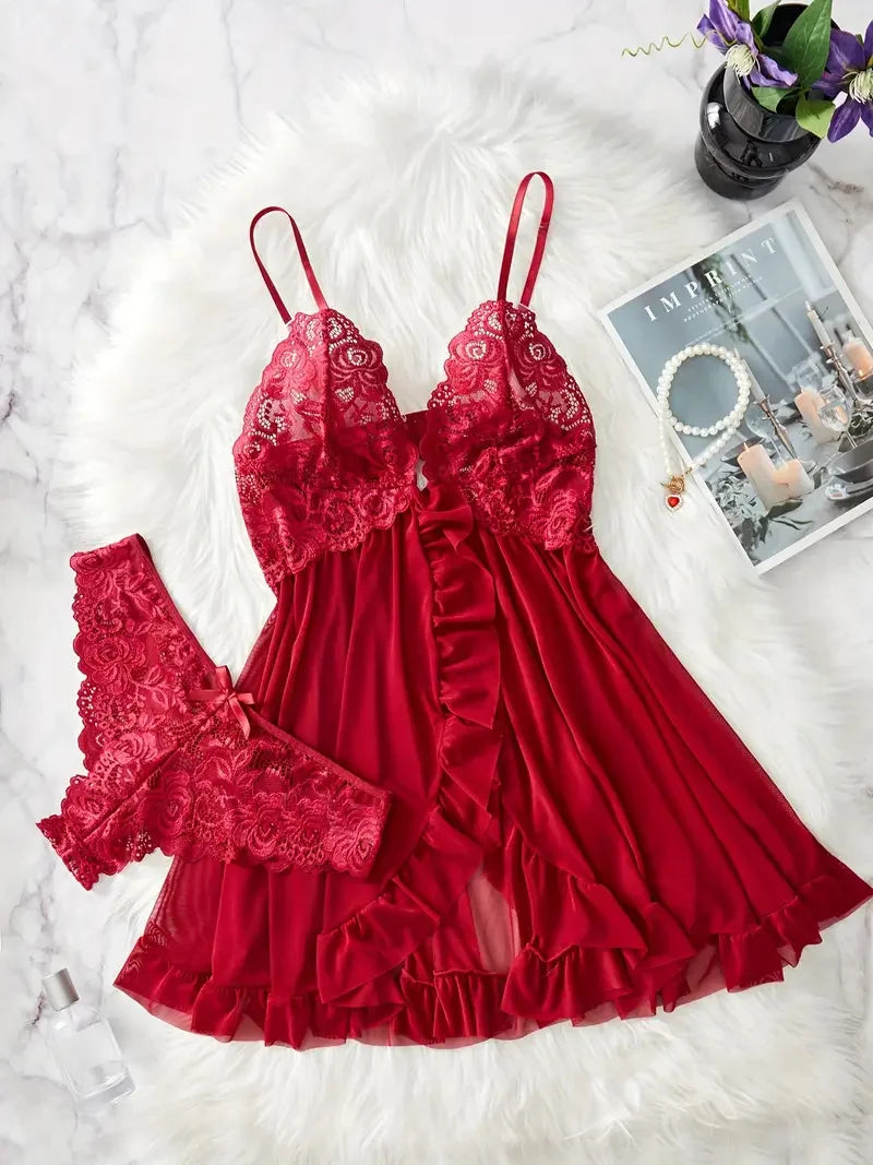 Ensemble de lingerie Contrast Lace Ruffle - Robe et String Profond V pour Femme