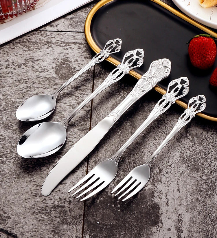 Golden Stainless Steel Cutlery Set Royal European Spoon Fork Complete Tableware Retro Design Dishwasher Safe Elegant Flatware