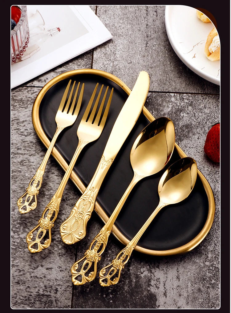 Golden Stainless Steel Cutlery Set Royal European Spoon Fork Complete Tableware Retro Design Dishwasher Safe Elegant Flatware