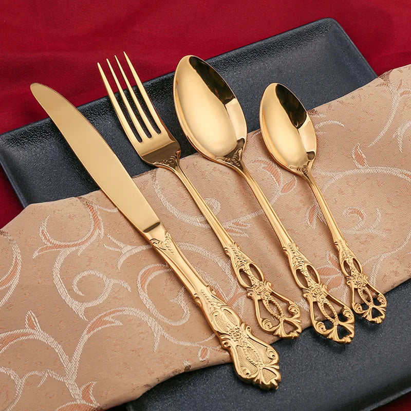 Golden Stainless Steel Cutlery Set Royal European Spoon Fork Complete Tableware Retro Design Dishwasher Safe Elegant Flatware