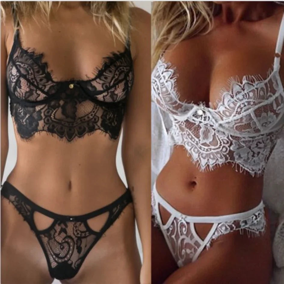 Ensemble de Lingerie Sexy en Dentelle Évider avec Eyelashes, Soutien-Gorge et Culotte