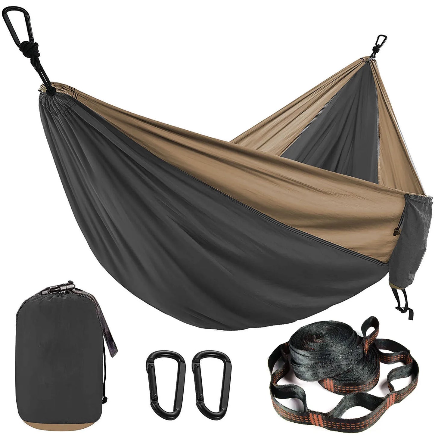 Hamac de Parachute Solide avec Sangles et Mousquetons Noirs - Camping, Voyage, Survie, Mobilier Extérieur pour Deux Personnes