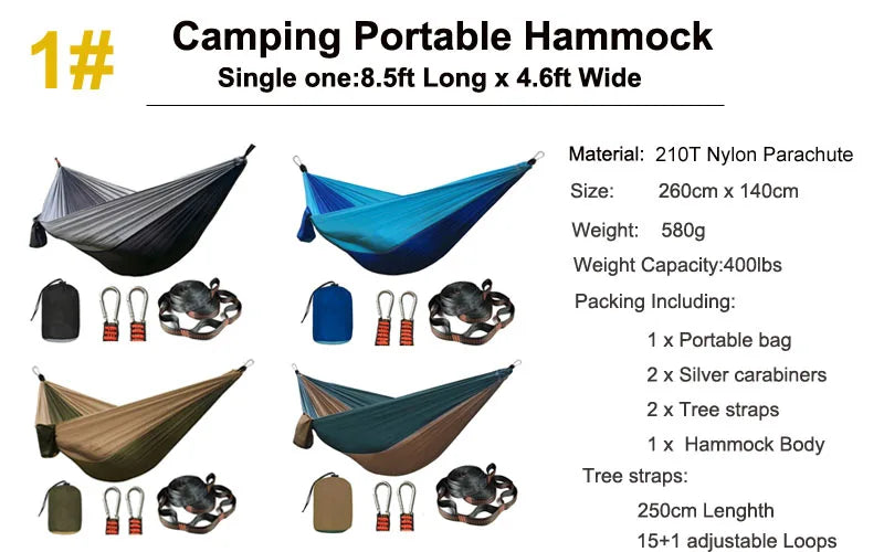 Hamac de Parachute Solide avec Sangles et Mousquetons Noirs - Camping, Voyage, Survie, Mobilier Extérieur pour Deux Personnes