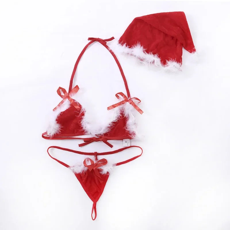 Ensemble Sexy Santa 3 Pièces – Lingerie de Noël en Velours Rouge avec Bandeau, G-String et Chapeau en Plumes