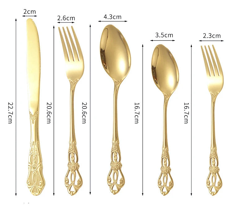 Golden Stainless Steel Cutlery Set Royal European Spoon Fork Complete Tableware Retro Design Dishwasher Safe Elegant Flatware