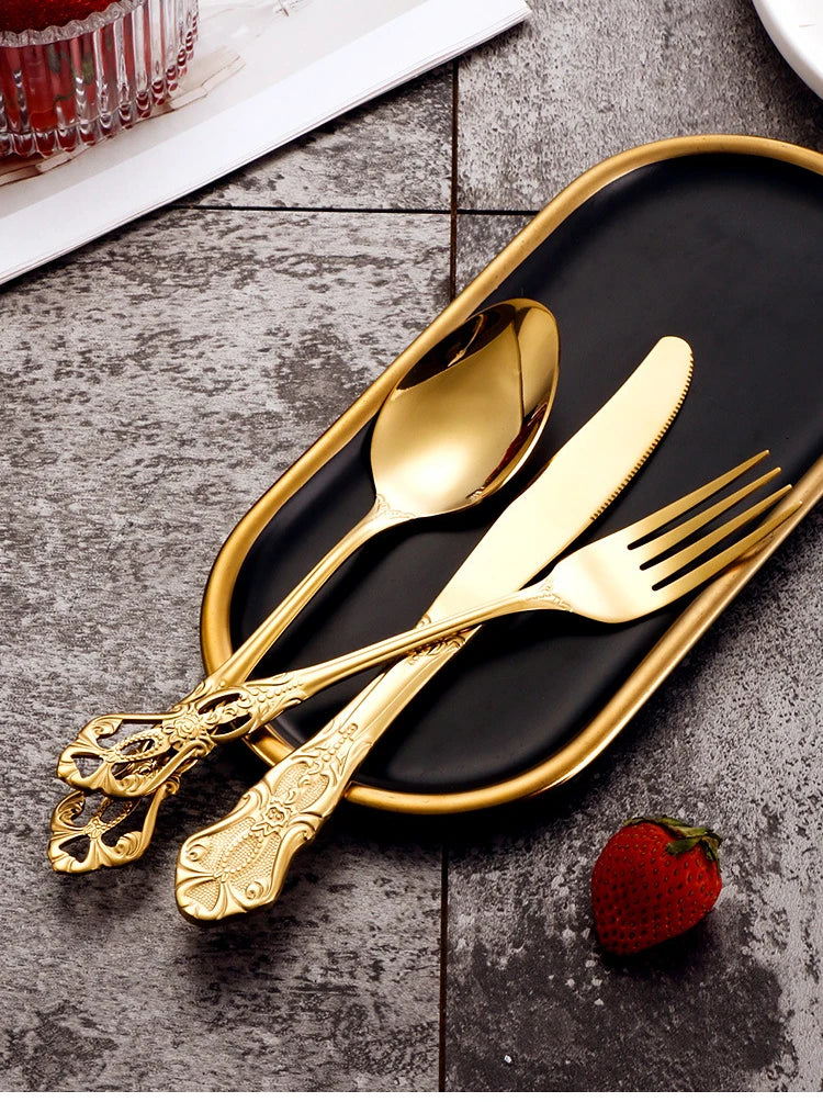 Golden Stainless Steel Cutlery Set Royal European Spoon Fork Complete Tableware Retro Design Dishwasher Safe Elegant Flatware