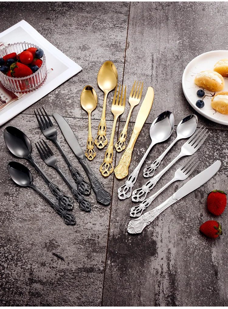 Golden Stainless Steel Cutlery Set Royal European Spoon Fork Complete Tableware Retro Design Dishwasher Safe Elegant Flatware