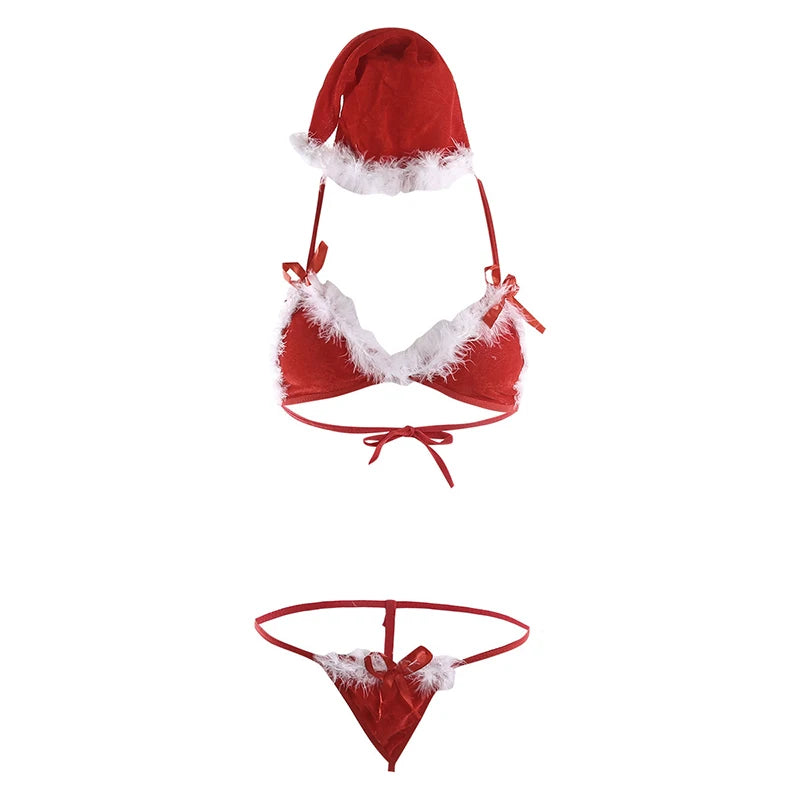 Ensemble Sexy Santa 3 Pièces – Lingerie de Noël en Velours Rouge avec Bandeau, G-String et Chapeau en Plumes