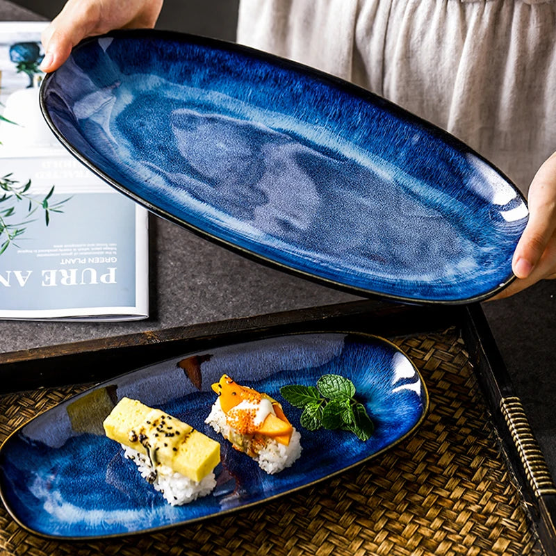 Japanese Style Kiln Cat Tye Blue Fish Plate Serving Platter Household Steamed Oval Dinner Plates Large Glaze Color Sushi Plate