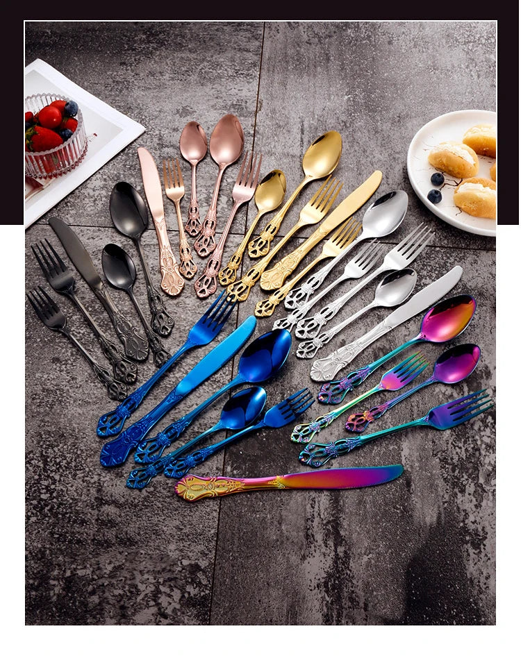 Golden Stainless Steel Cutlery Set Royal European Spoon Fork Complete Tableware Retro Design Dishwasher Safe Elegant Flatware