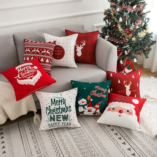 Housse de Coussin de Noël – Motifs Père Noël, Renne, Bonhomme de Neige